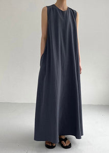 Women Navy O-Neck Solid Maxi Dress Summer