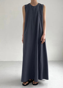 Women Navy O-Neck Solid Maxi Dress Summer