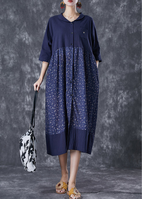 Women Navy Oversized Patchwork Print Linen Robe Dresses Summer