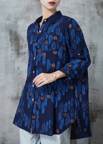 Women Navy Oversized Print Cotton Blouses Spring