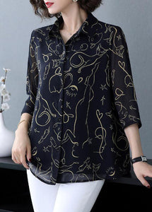 Women Navy Peter Pan Collar Print Patchwork Chiffon Shirt Bracelet Sleeve