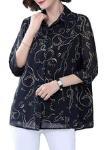 Load image into Gallery viewer, Women Navy Peter Pan Collar Print Patchwork Chiffon Shirt Bracelet Sleeve