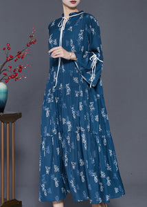 Women Navy Print Exra Large Hem Cotton Dresses Spring