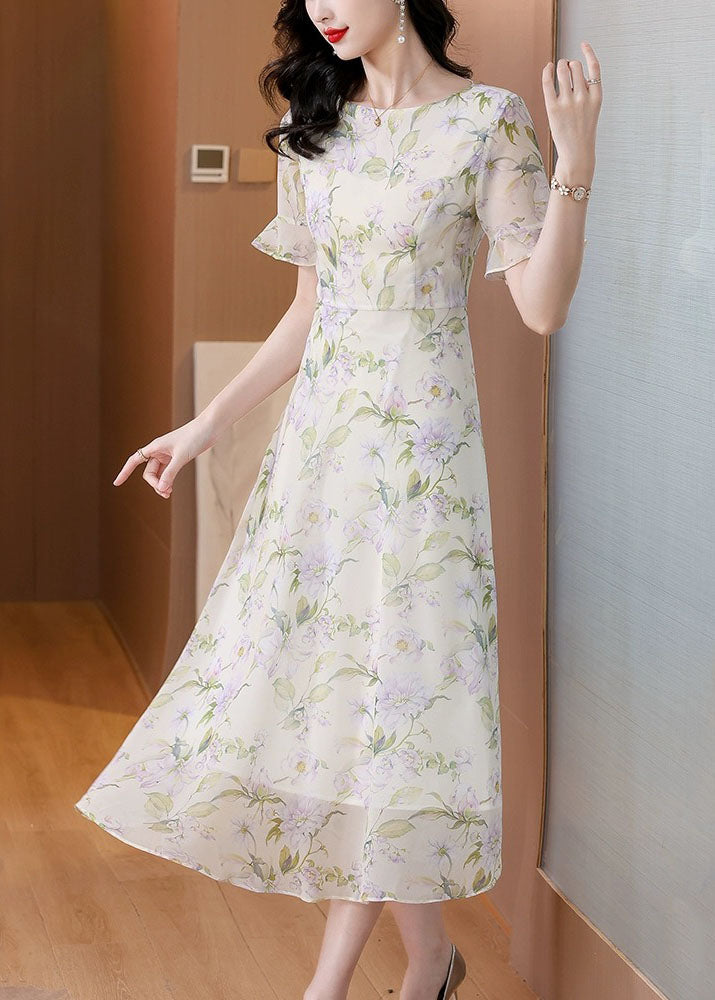 Women O Neck Print Chiffon Long Dress Summer