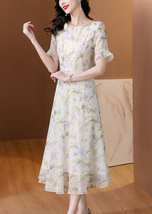 Women O Neck Print Chiffon Long Dress Summer