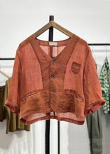 Load image into Gallery viewer, Women Orange Button Pockets Linen Cardigan Spring