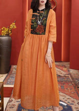 Load image into Gallery viewer, Women Orange Embroidered Button Cotton Dresses Half Sleeve