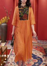 Load image into Gallery viewer, Women Orange Embroidered Button Cotton Dresses Half Sleeve