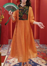 Load image into Gallery viewer, Women Orange Embroidered Button Cotton Dresses Half Sleeve