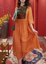 Load image into Gallery viewer, Women Orange Embroidered Button Cotton Dresses Half Sleeve