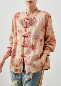 Women Orange Embroidered Print Linen Blouse Top Summer