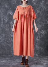 Load image into Gallery viewer, Women Orange Oversized Patchwork Linen Dress Puff Sleeve