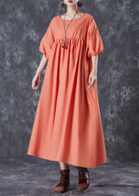 Load image into Gallery viewer, Women Orange Oversized Patchwork Linen Dress Puff Sleeve