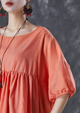 Load image into Gallery viewer, Women Orange Oversized Patchwork Linen Dress Puff Sleeve