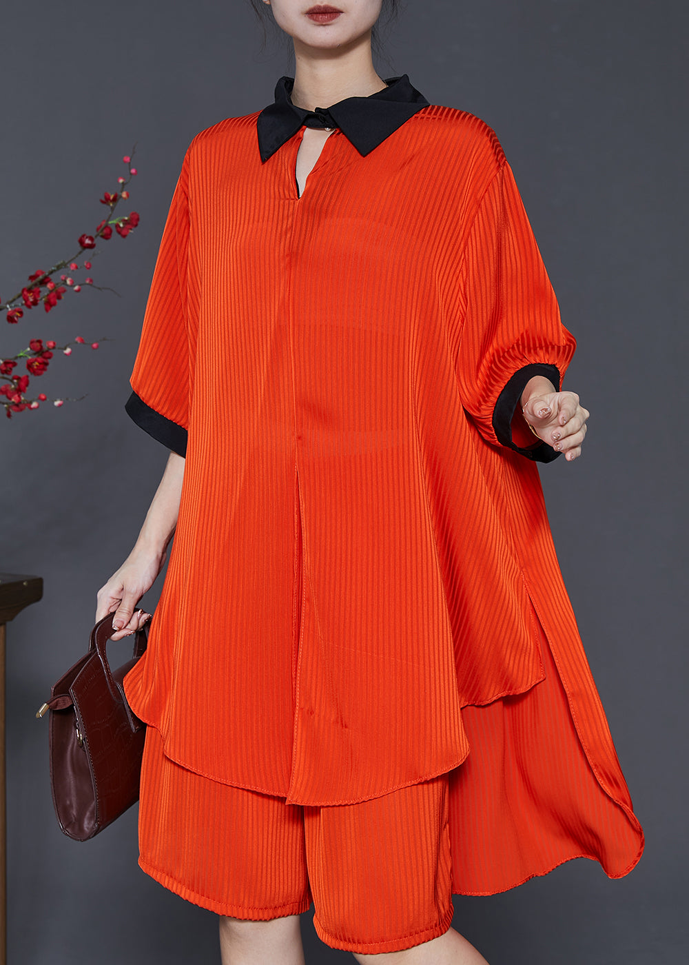 Women Orange Oversized Wrinkled Chiffon Two Pieces Set Summer