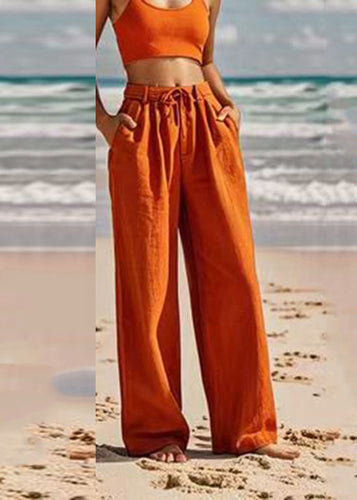 Women Orange Pockets Tie Waist Wide Leg Pants Summer