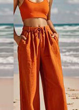 Load image into Gallery viewer, Women Orange Pockets Tie Waist Wide Leg Pants Summer