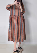 Load image into Gallery viewer, Women Orange Striped Patchwork Silk Cotto Long Dresses Long Sleeve