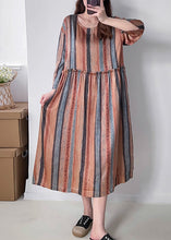 Load image into Gallery viewer, Women Orange Striped Patchwork Silk Cotto Long Dresses Long Sleeve