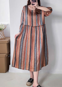 Women Orange Striped Patchwork Silk Cotto Long Dresses Long Sleeve