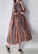 Load image into Gallery viewer, Women Orange Striped Patchwork Silk Cotto Long Dresses Long Sleeve