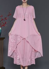 Load image into Gallery viewer, Women Pink Asymmetrical Patchwork Lace Chiffon Two Pieces Set Summer