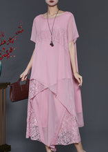 Load image into Gallery viewer, Women Pink Asymmetrical Patchwork Lace Chiffon Two Pieces Set Summer