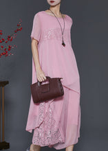 Load image into Gallery viewer, Women Pink Asymmetrical Patchwork Lace Chiffon Two Pieces Set Summer