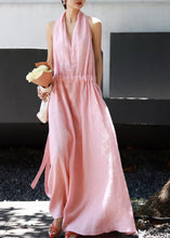 Load image into Gallery viewer, Women Pink Cold Shoulder Drawstring Linen Halter Dresses Summer