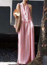 Load image into Gallery viewer, Women Pink Cold Shoulder Drawstring Linen Halter Dresses Summer