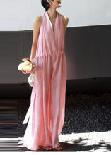 Load image into Gallery viewer, Women Pink Cold Shoulder Drawstring Linen Halter Dresses Summer