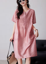 Load image into Gallery viewer, Women Pink Embroidered Oversized Linen Dresses Summer