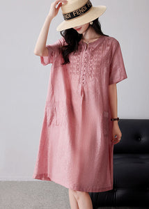 Women Pink Embroidered Oversized Linen Dresses Summer