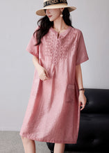 Load image into Gallery viewer, Women Pink Embroidered Oversized Linen Dresses Summer