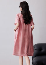 Load image into Gallery viewer, Women Pink Embroidered Oversized Linen Dresses Summer