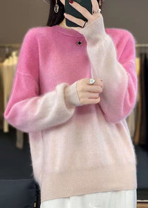 Women Pink Gradient Color O-Neck Cozy Sweaters Long Sleeve