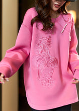 Load image into Gallery viewer, Women Pink O-Neck Embroidered Cotton Sweatshirt Long Sleeve