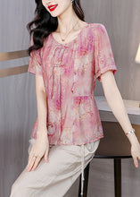 Load image into Gallery viewer, Women Pink O-Neck Tasseled Print Linen Shirt Summer