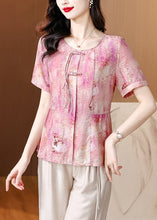 Load image into Gallery viewer, Women Pink O-Neck Tasseled Print Linen Shirt Summer