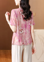 Load image into Gallery viewer, Women Pink O-Neck Tasseled Print Linen Shirt Summer