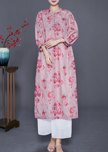 Women Pink Oversized Print Linen Maxi Dresses Bracelet Sleeve