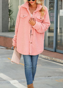 Women Pink Peter Pan Collar Button Faux Fur Coat Fall