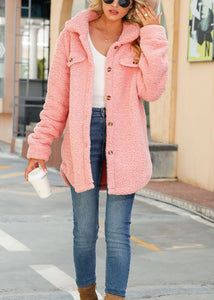 Women Pink Peter Pan Collar Button Faux Fur Coat Fall