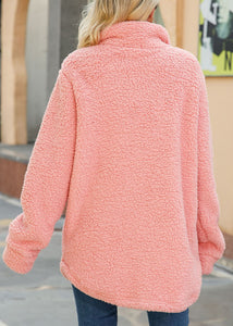 Women Pink Peter Pan Collar Button Faux Fur Coat Fall