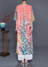 Load image into Gallery viewer, Women Pink Print Draping Chiffon Fake Two Piece Dresses Summer