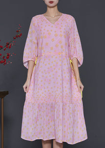 Women Pink Print Drawstring Cotton Maxi Dresses Bracelet Sleeve