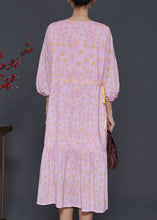 Load image into Gallery viewer, Women Pink Print Drawstring Cotton Maxi Dresses Bracelet Sleeve