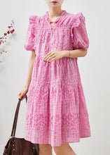 Load image into Gallery viewer, Women Pink Puff Sleeve Ruffled Wrinkled Day Dress Summer