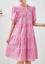 Load image into Gallery viewer, Women Pink Puff Sleeve Ruffled Wrinkled Day Dress Summer