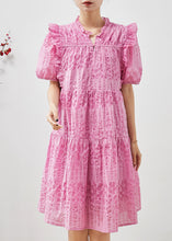 Load image into Gallery viewer, Women Pink Puff Sleeve Ruffled Wrinkled Day Dress Summer